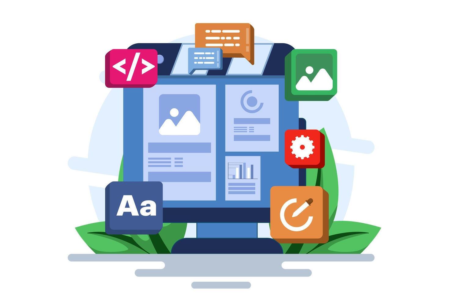 Concept of developer building a website Front-end user interface, UI UX, Software development, Web design, App design, Coding, Flat illustration Web development. vector