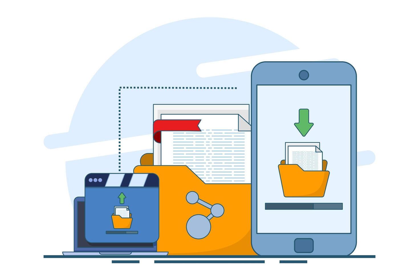 File sharing concept, data transfer, Browse file delivery for business, file management. Documentation transfer, cloud services, electronic document management. Illustration in flat design. vector