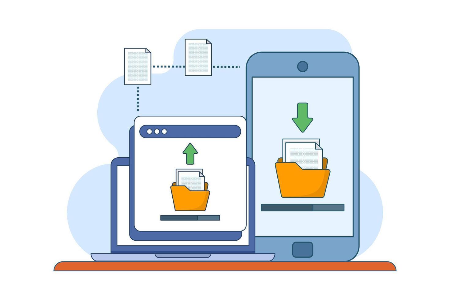 File sharing concept, data transfer, documentation transfer, cloud services, file management. electronic document management. Browse file transfer for business, Illustration in flat design. vector
