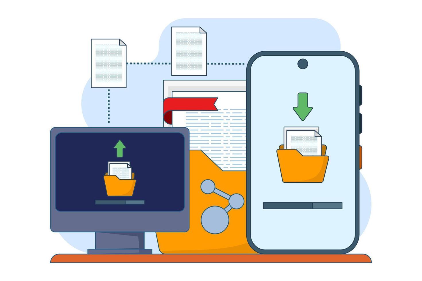 File sharing concept, data transfer, documentation transfer, cloud services, electronic document management. Browse send files for business, file management. in flat design. vector