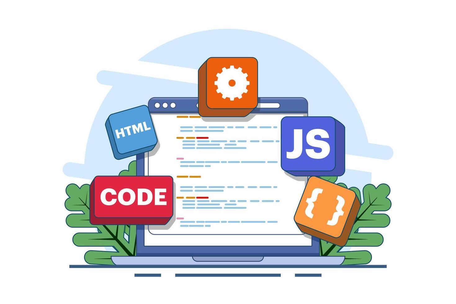 Computer programming concept, Java, HTML symbols, web design, software, application design, programming language, development, website. vector