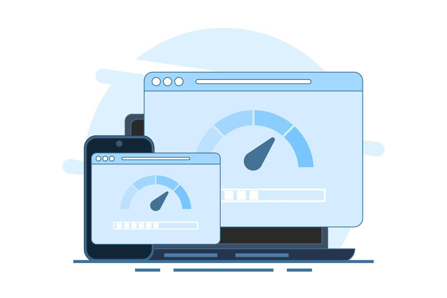Internet speed concept. Smartphone, laptop and computer with internet connection speed test on screen, internet download speed and network performance. vector