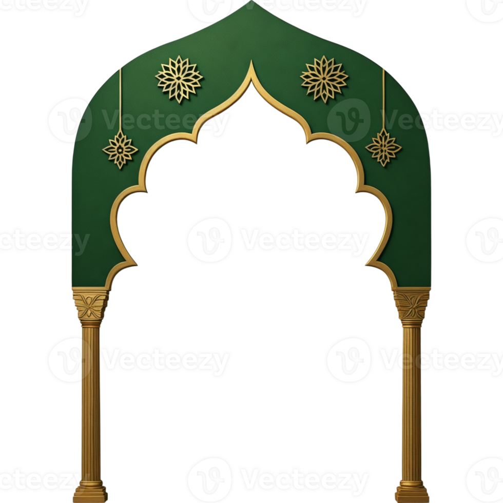 A green archway with gold accents and flowers png