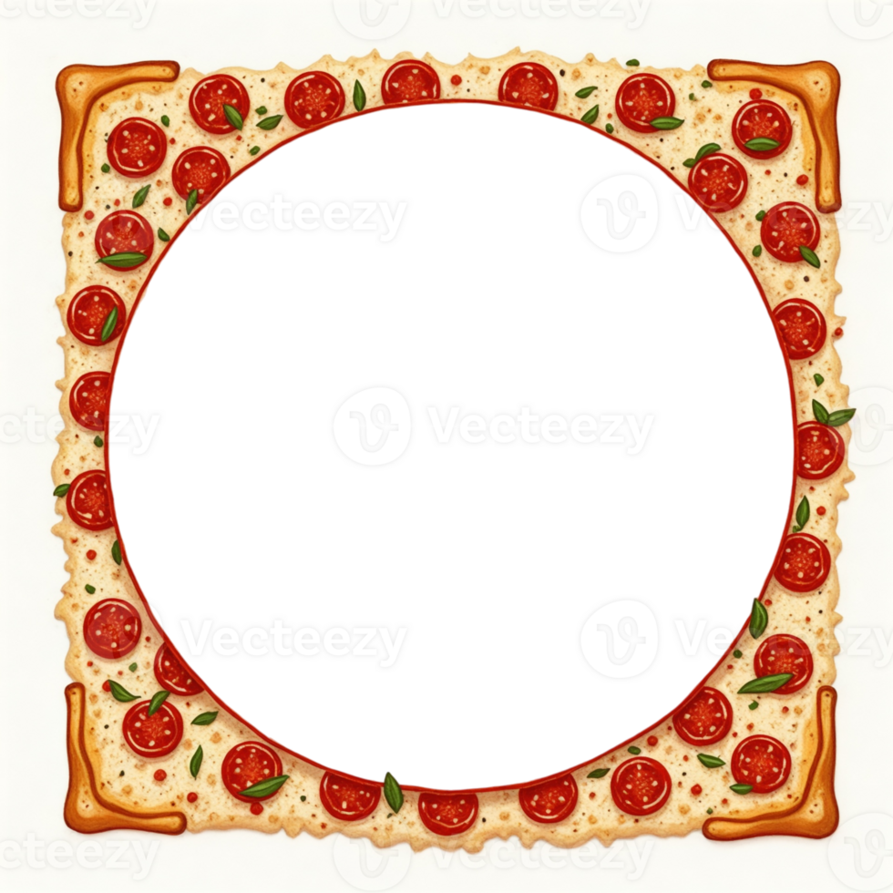A pizza frame with lots of pepperoni and basil png