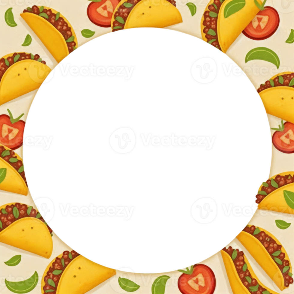 A round frame with a variety of Mexican food including tacos, tomatoes png
