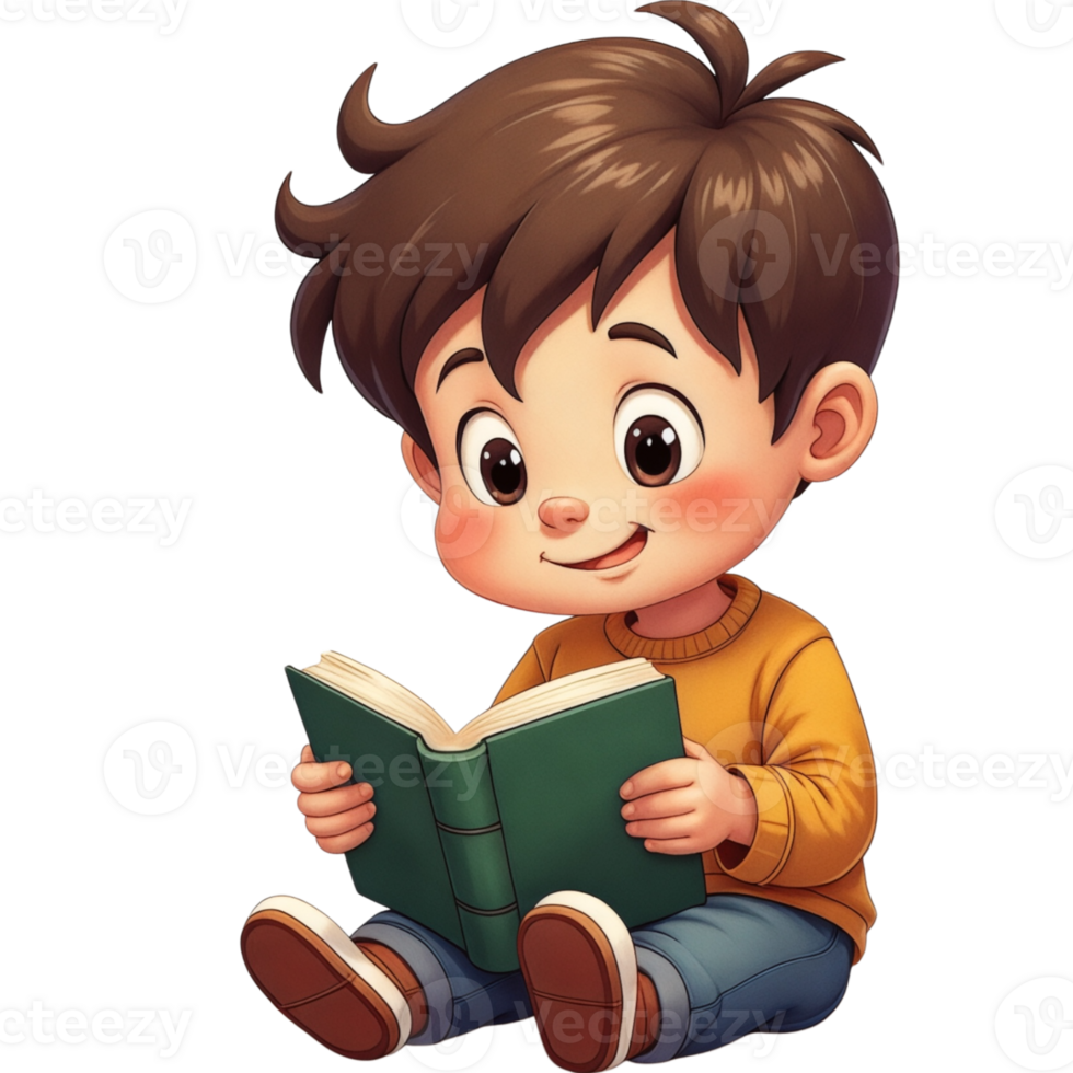 young boy is sitting and reading book png