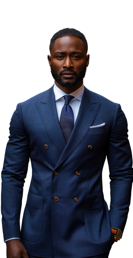 African American man in blue suit on transparent background. png
