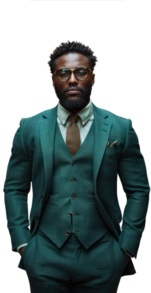 A man in a green suit and glasses png