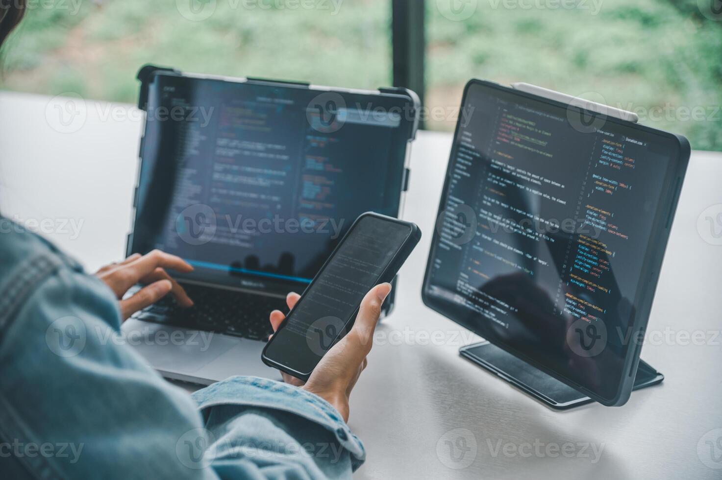 Female programmer working on coding, software development and web design.Concept technology development. photo