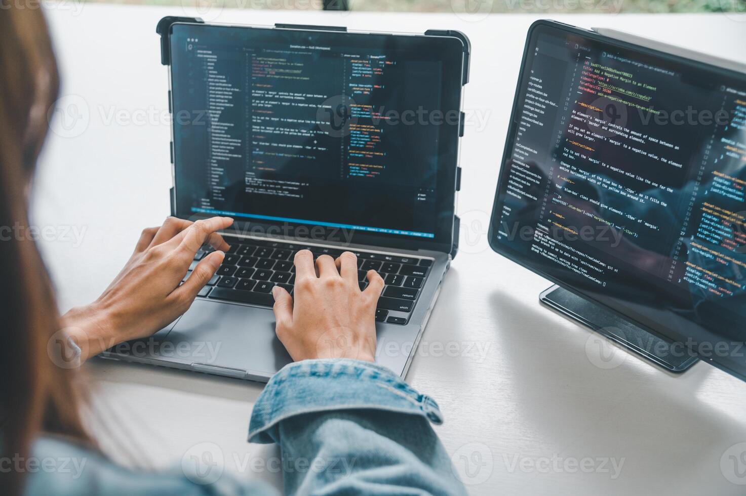 Female programmer working on coding, software development and web design.Concept technology development. photo