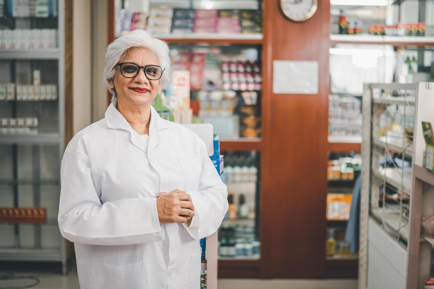 female pharmacist poses confidently welcoming, advising patients and prescription patients in a modern pharmacy. photo