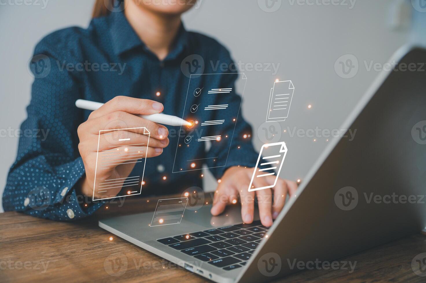 Hand touching infographic document ,document management, document signing , a virtual notepad on a virtual screen, checking documents photo
