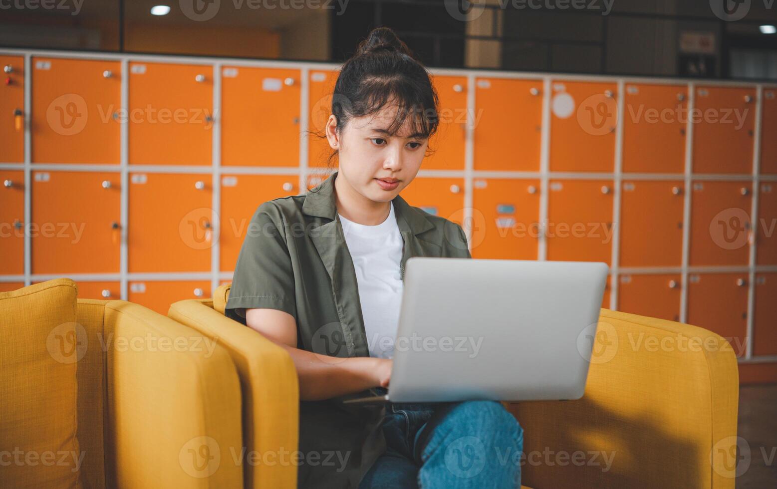 Teenage Asian are communicating through conferencing for online learning. In a conference call via apps. new normal concept photo