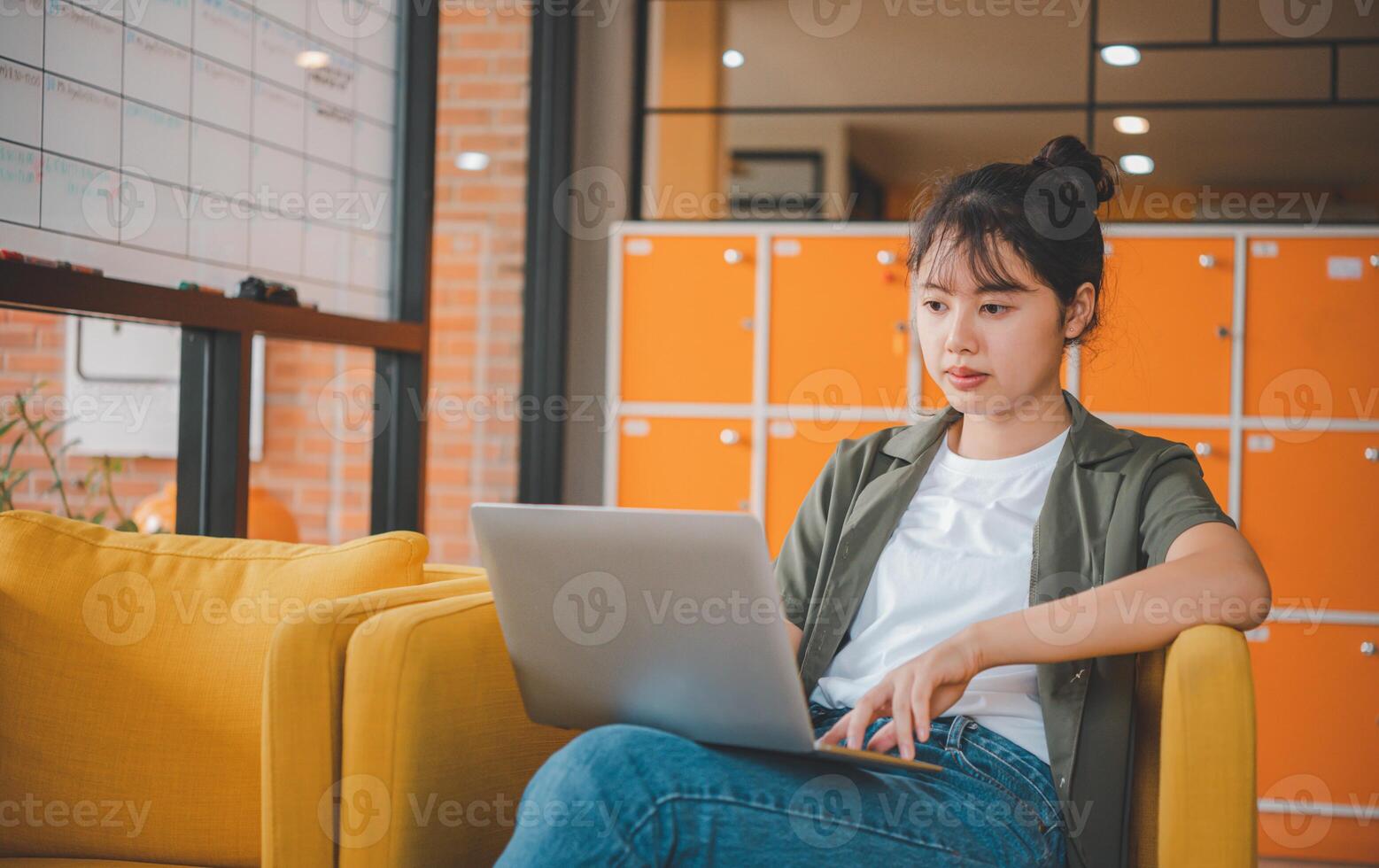 Teenage Asian are communicating through conferencing for online learning. In a conference call via apps. new normal concept photo