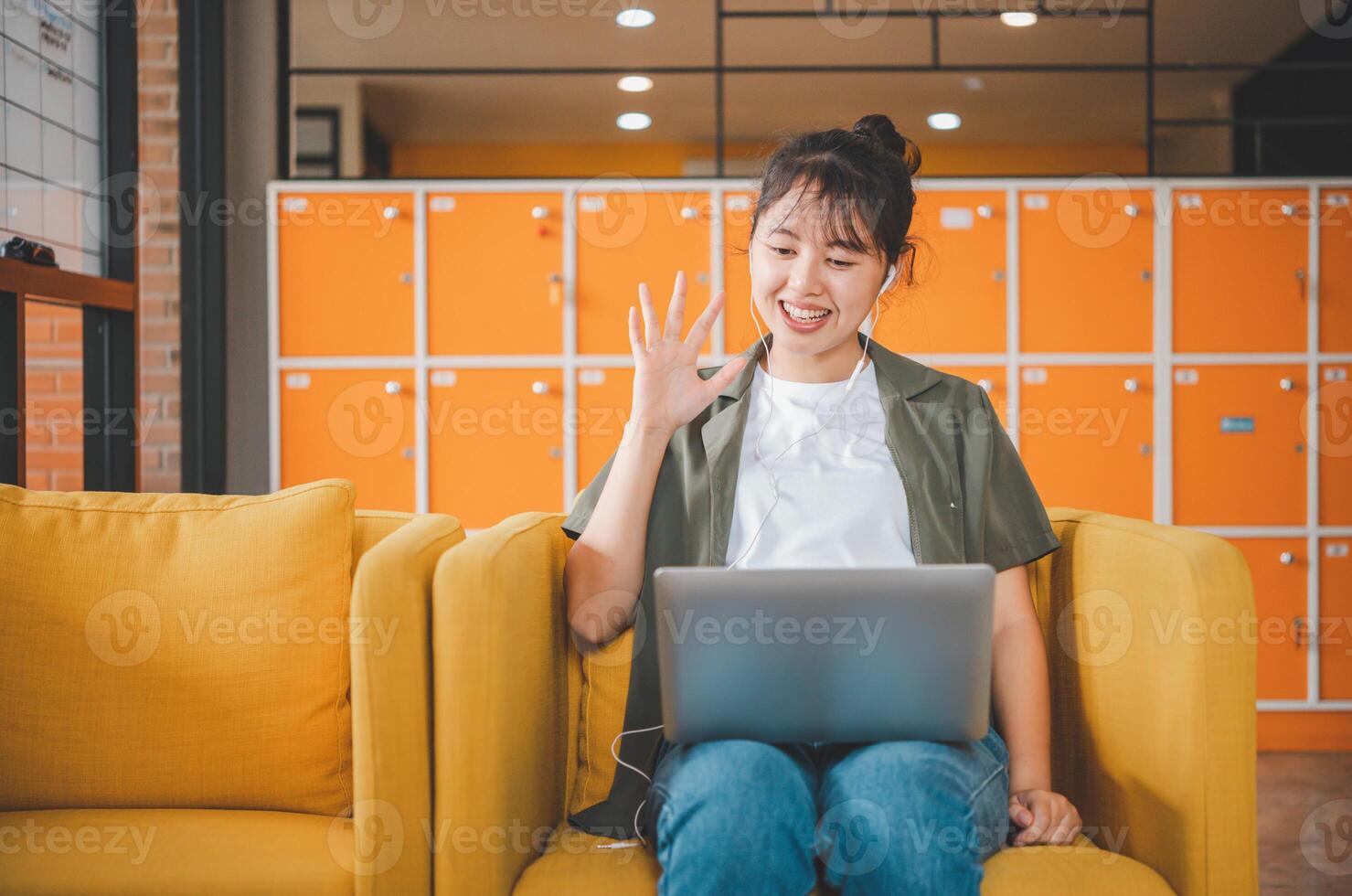 Teenage Asian are communicating through conferencing for online learning. In a conference call via apps. new normal concept photo