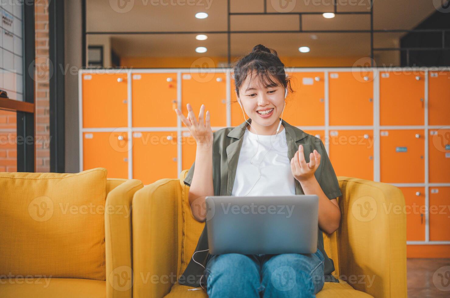 Teenage Asian are communicating through conferencing for online learning. In a conference call via apps. new normal concept photo