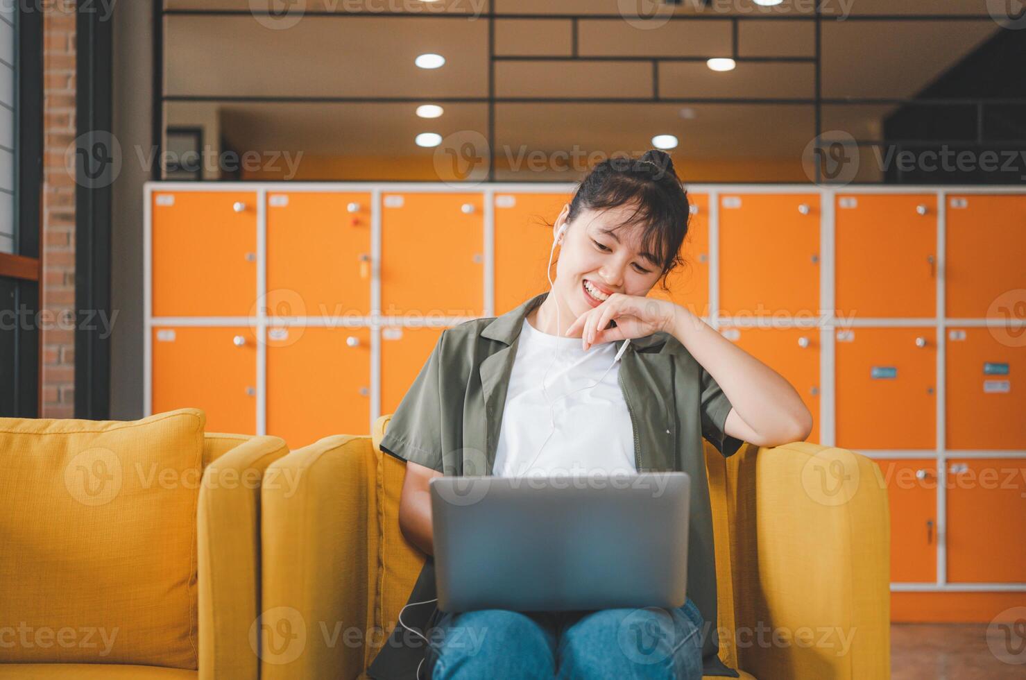 Teenage Asian are communicating through conferencing for online learning. In a conference call via apps. new normal concept photo