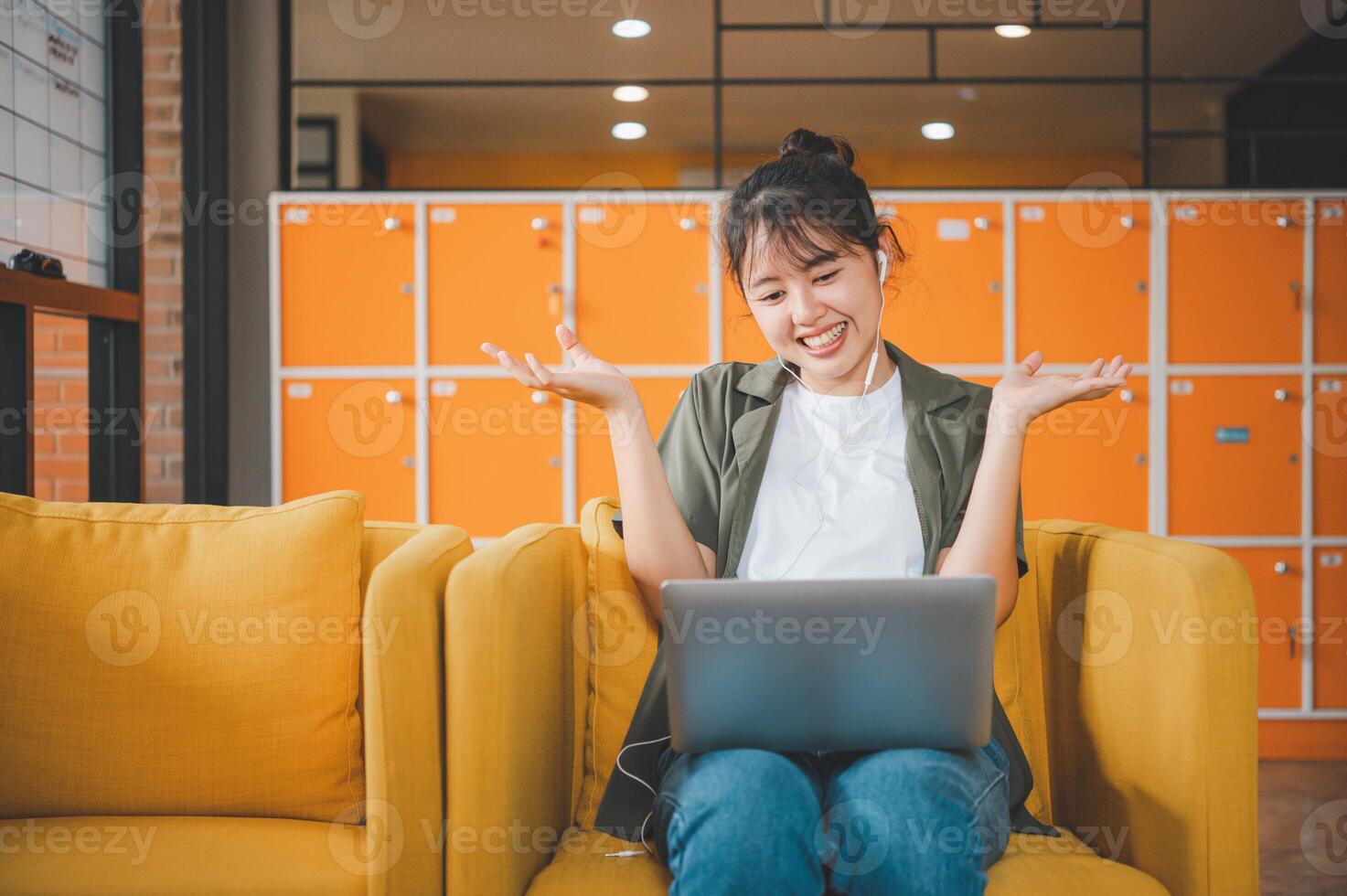 Teenage Asian are communicating through conferencing for online learning. In a conference call via apps. new normal concept photo