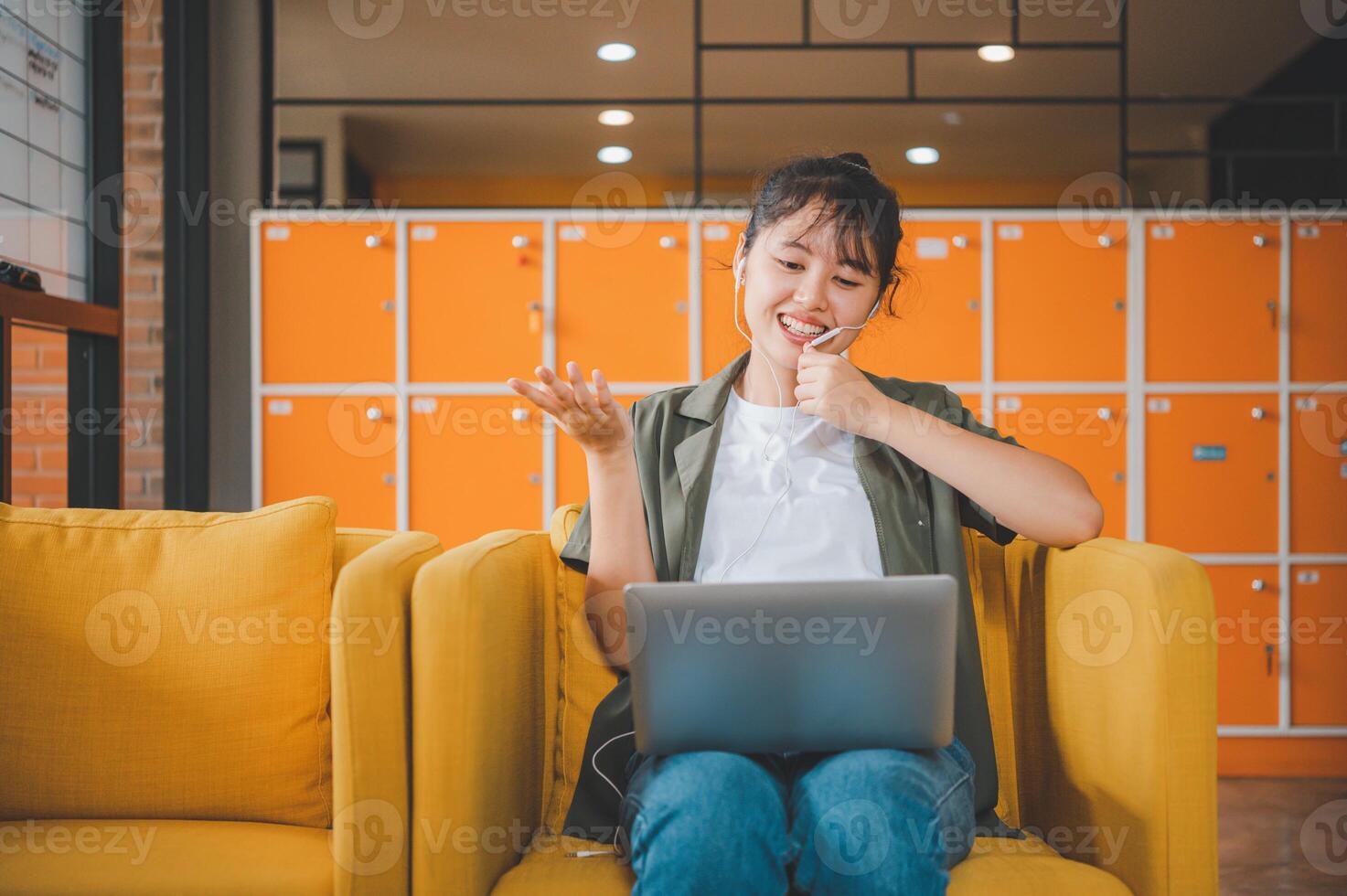 Teenage Asian are communicating through conferencing for online learning. In a conference call via apps. new normal concept photo
