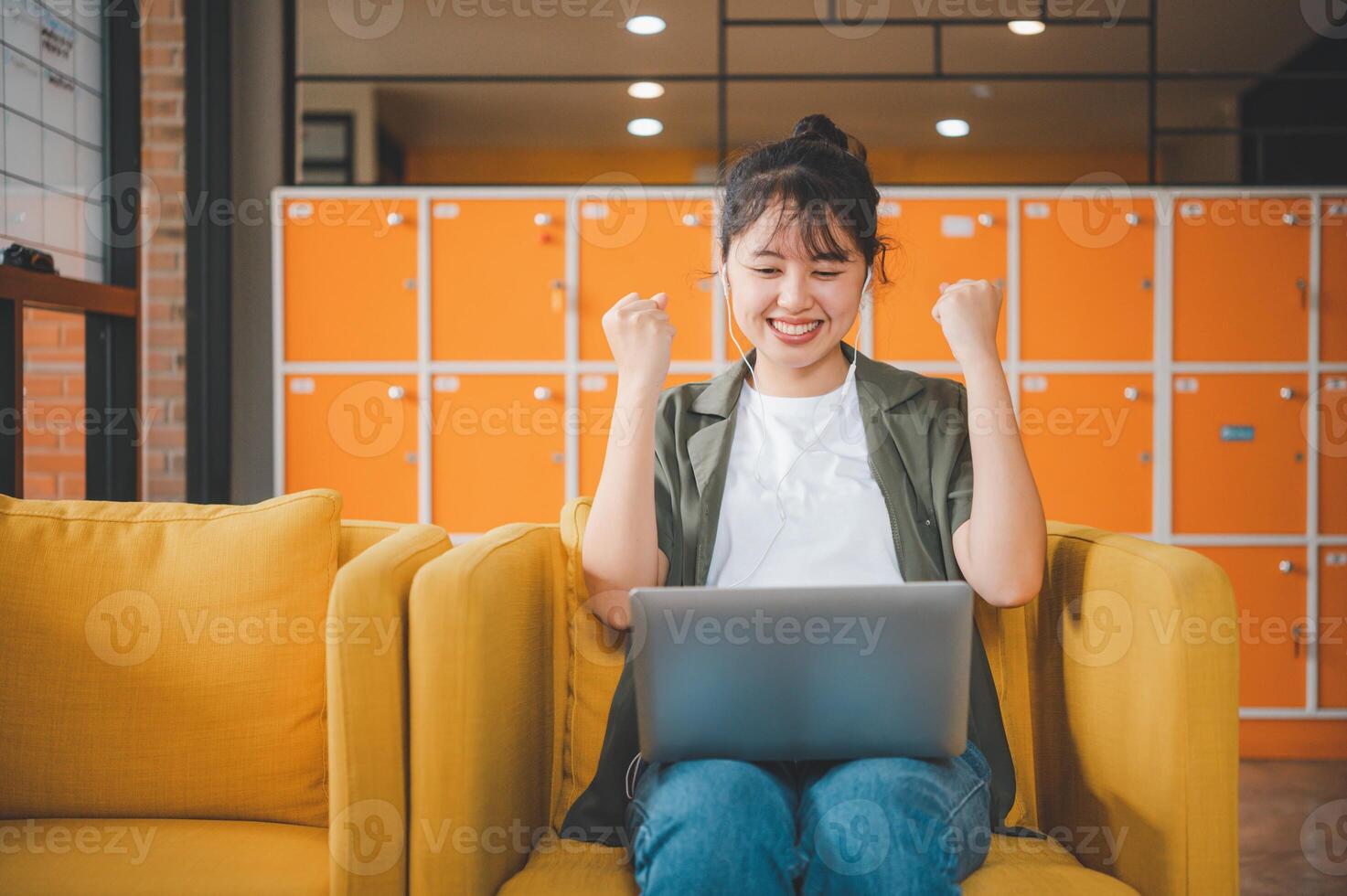Teenage Asian are communicating through conferencing for online learning. In a conference call via apps. new normal concept photo
