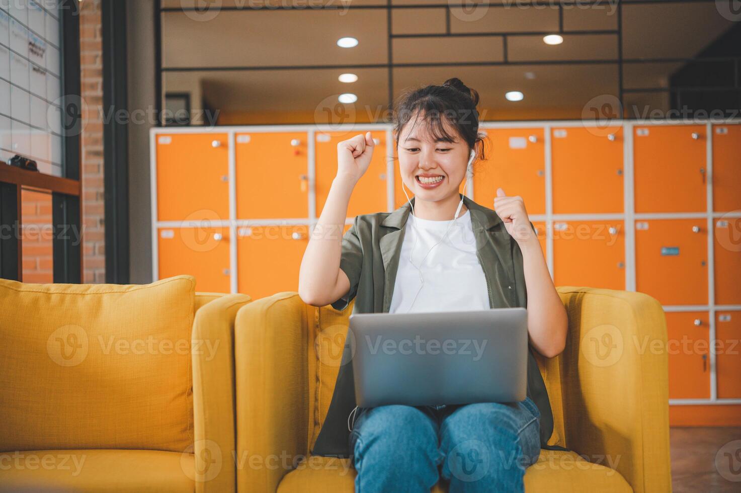 Teenage Asian are communicating through conferencing for online learning. In a conference call via apps. new normal concept photo