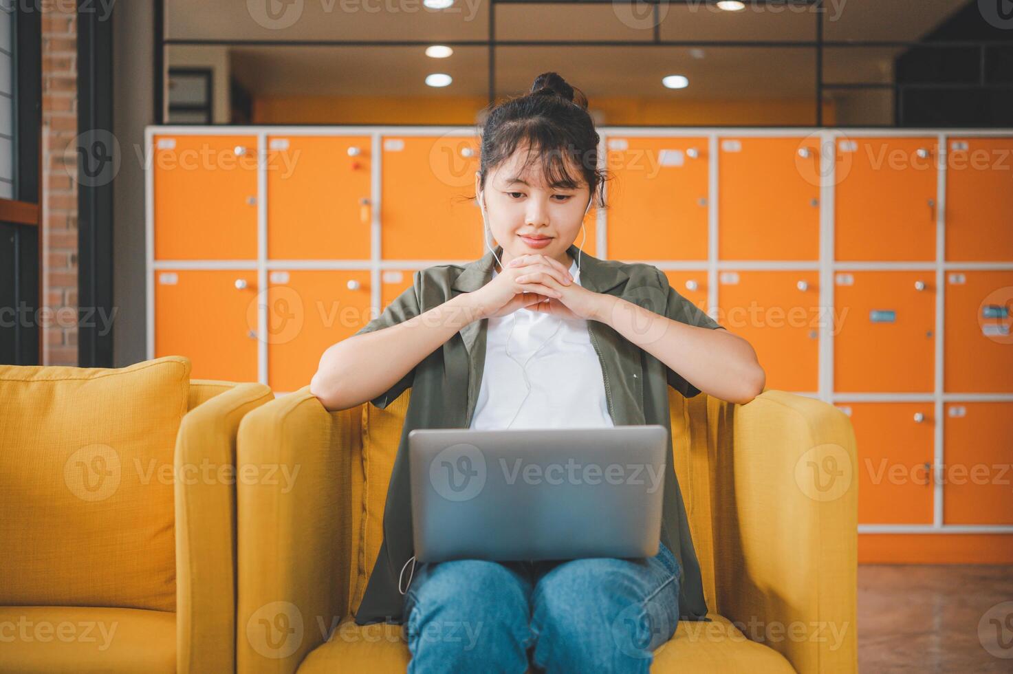Teenage Asian are communicating through conferencing for online learning. In a conference call via apps. new normal concept photo