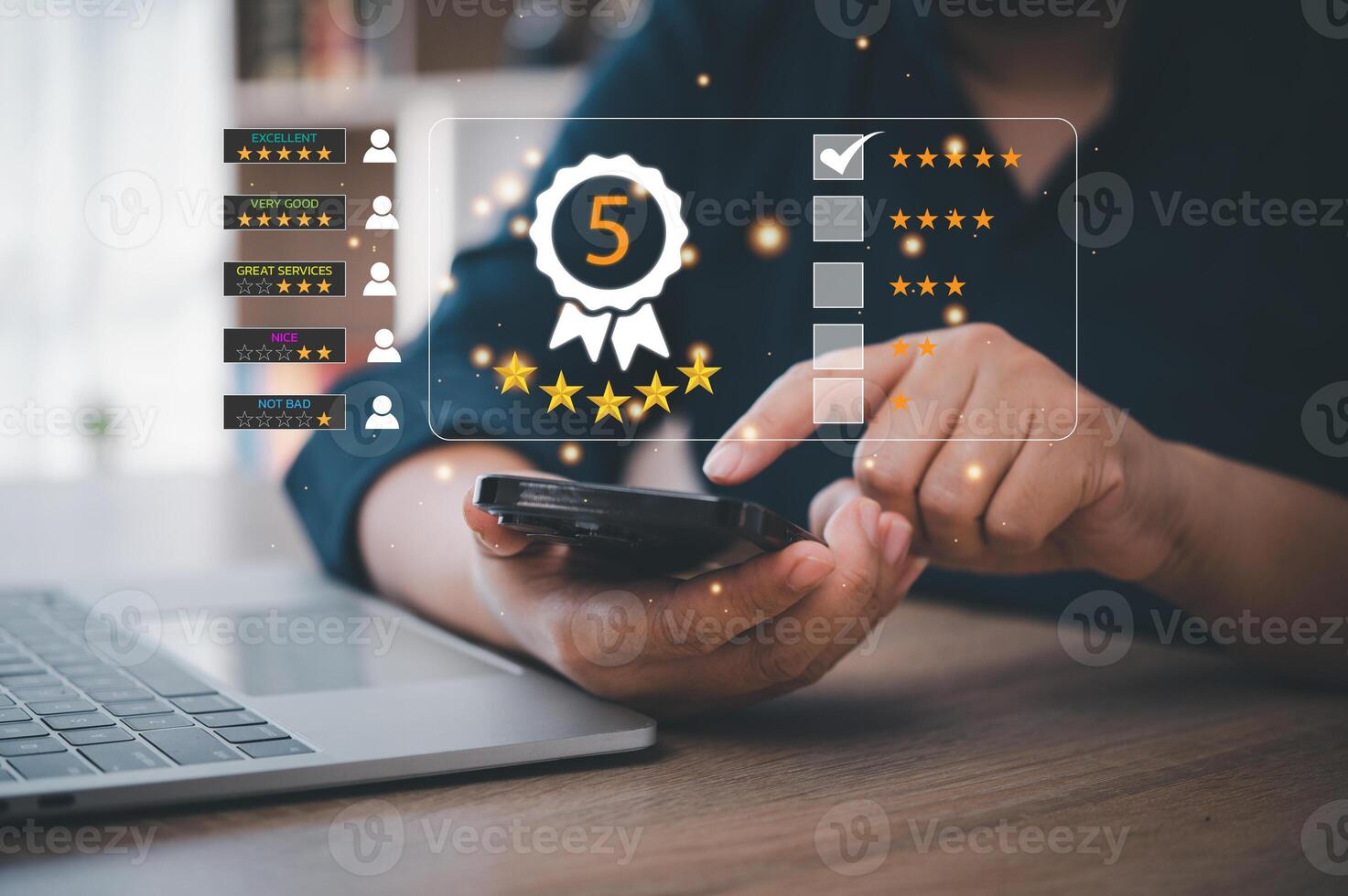 customer service satisfaction rating concept.woman using smartphone and pressing rating and reward icon on touch screen photo