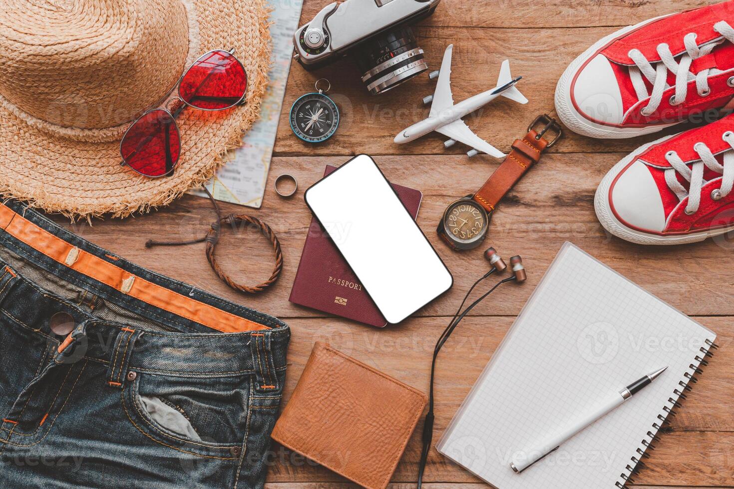 Travel accessories costumes. The cost of travel maps prepared for the trip.travel planning concept photo