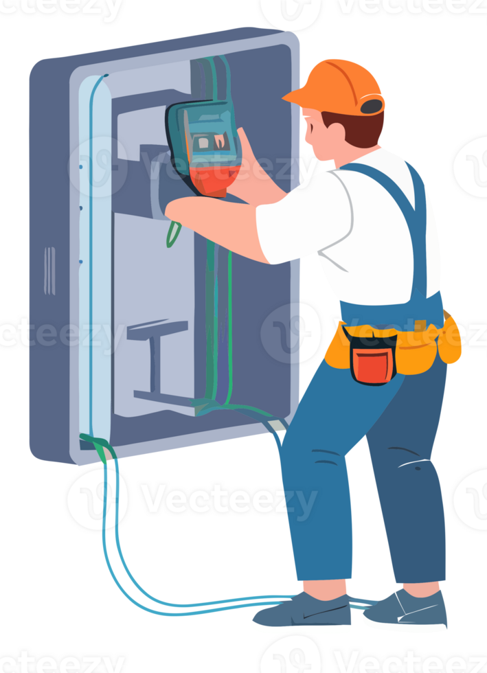 Electrician in 2D Flat Design Fixing a Power Outlet with Tools and Tester png