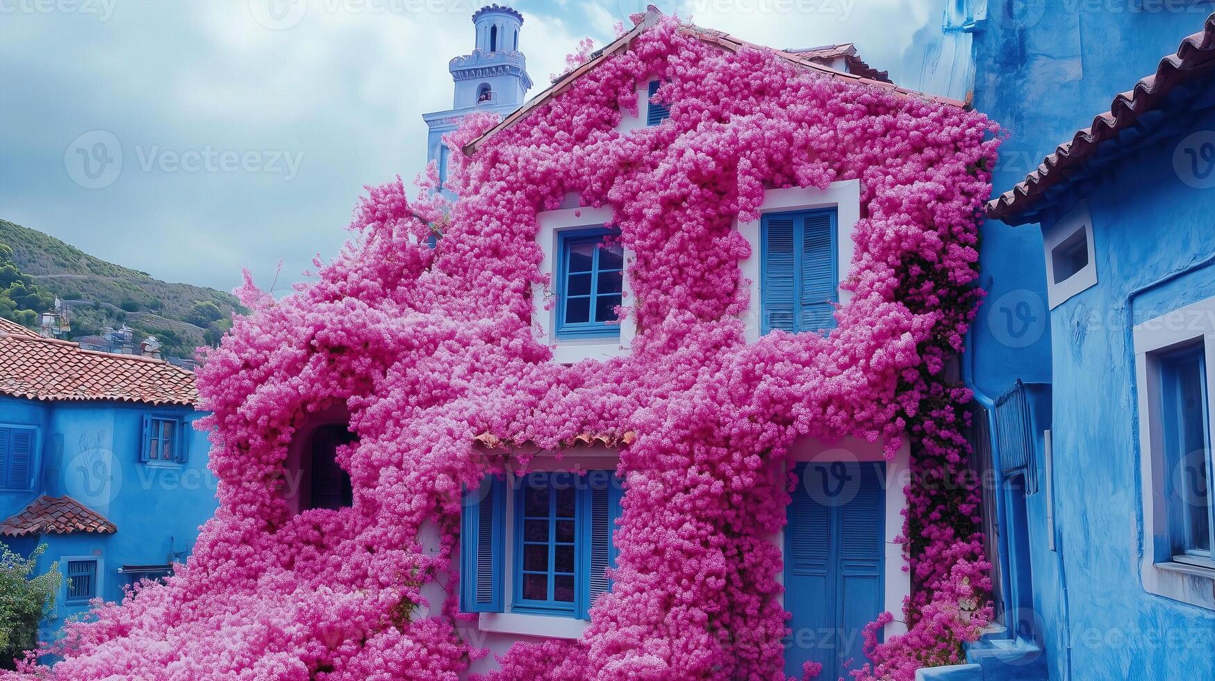 The comfortable house is covered with pink flowers photo