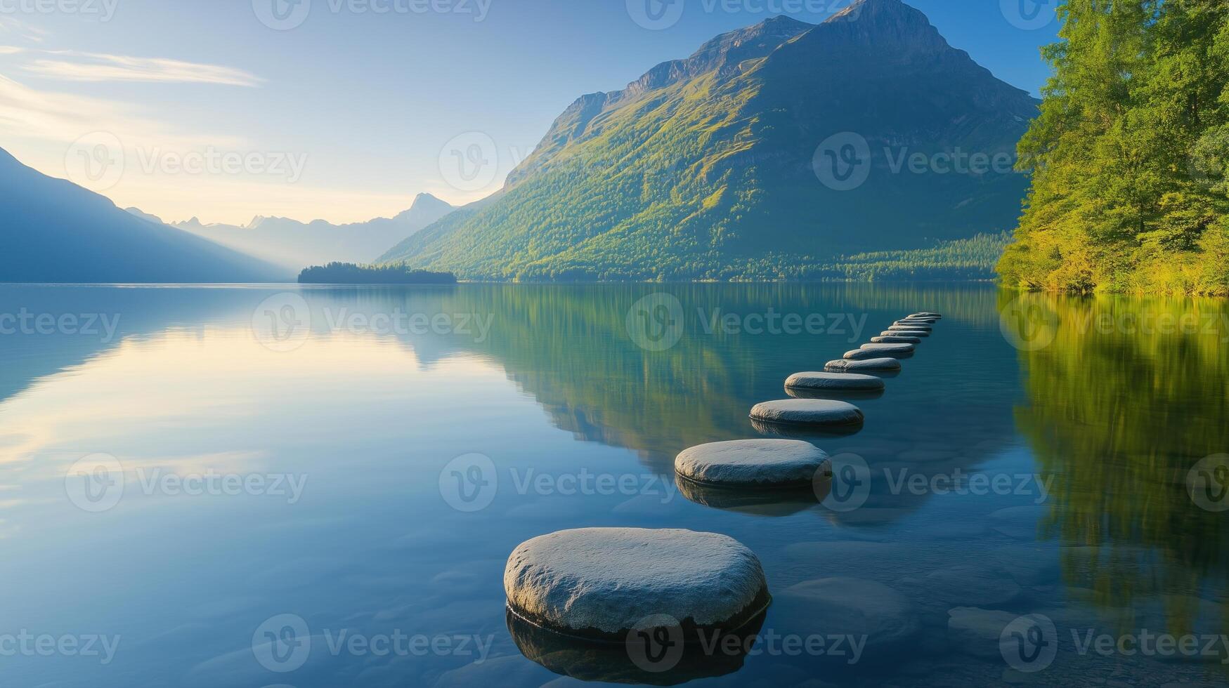 Lake with aligned stones simplicity photo