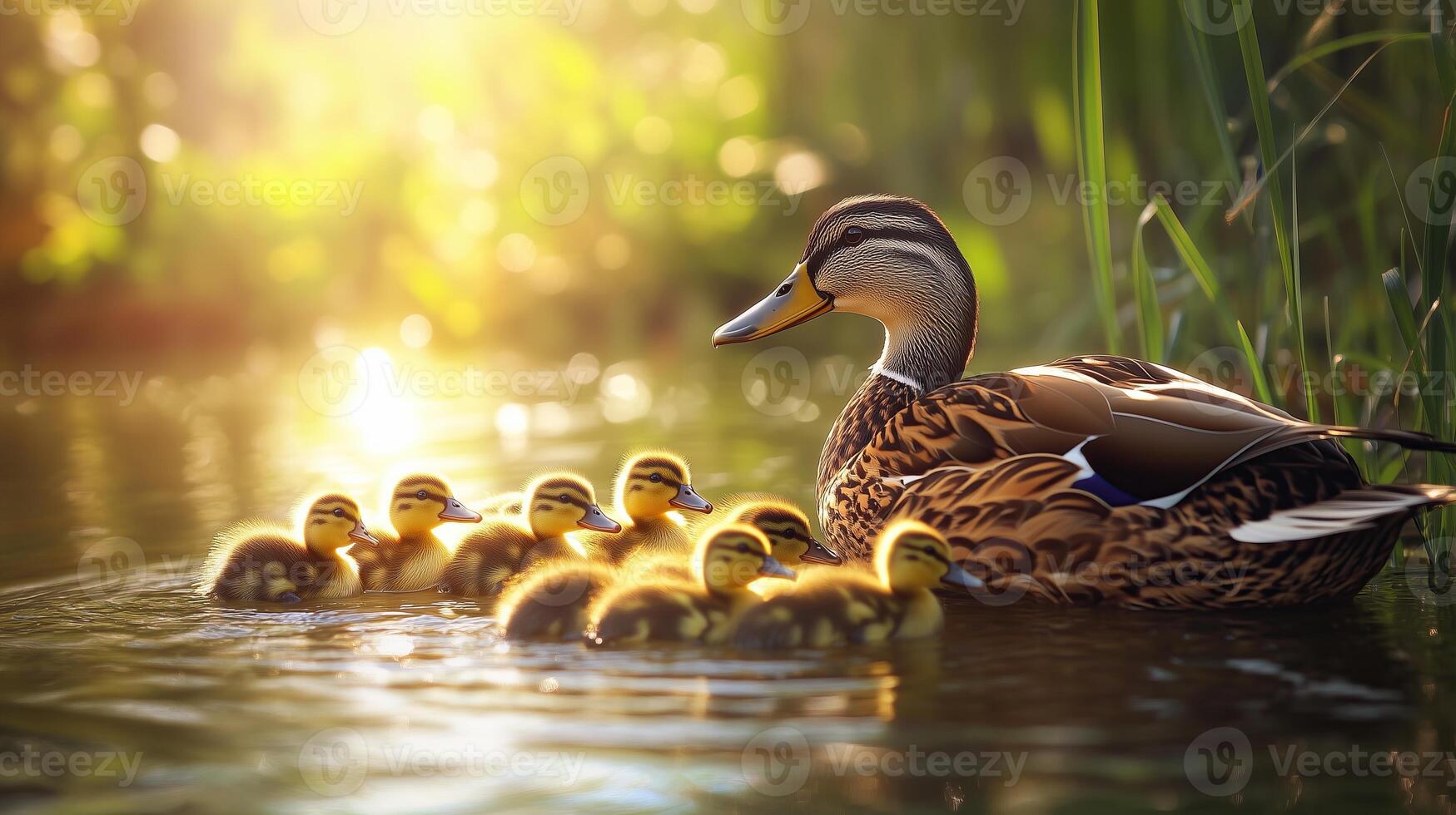 duck and ducklings on lake photo
