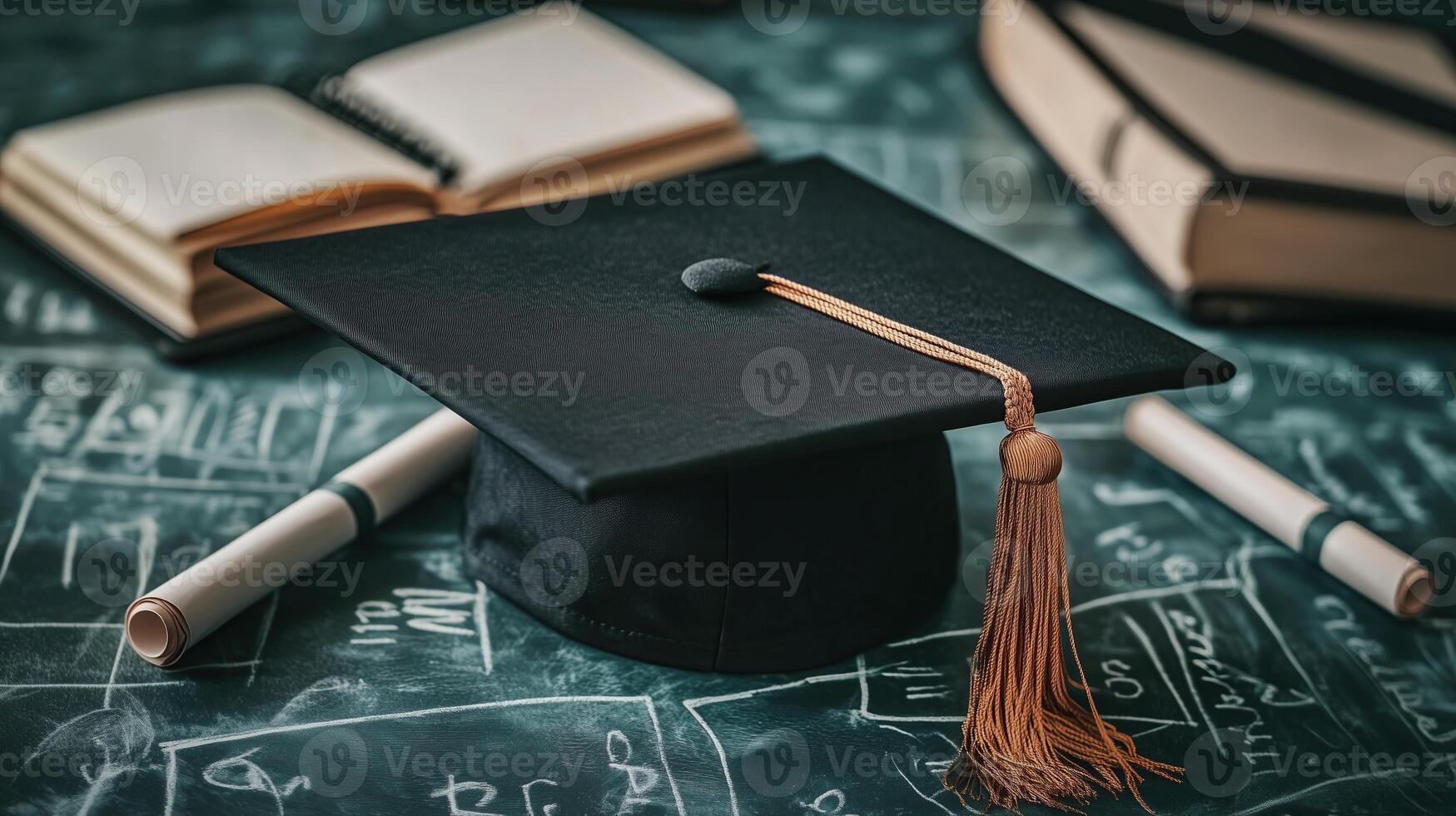 A graduation hat and a set of study aids celebration. photo
