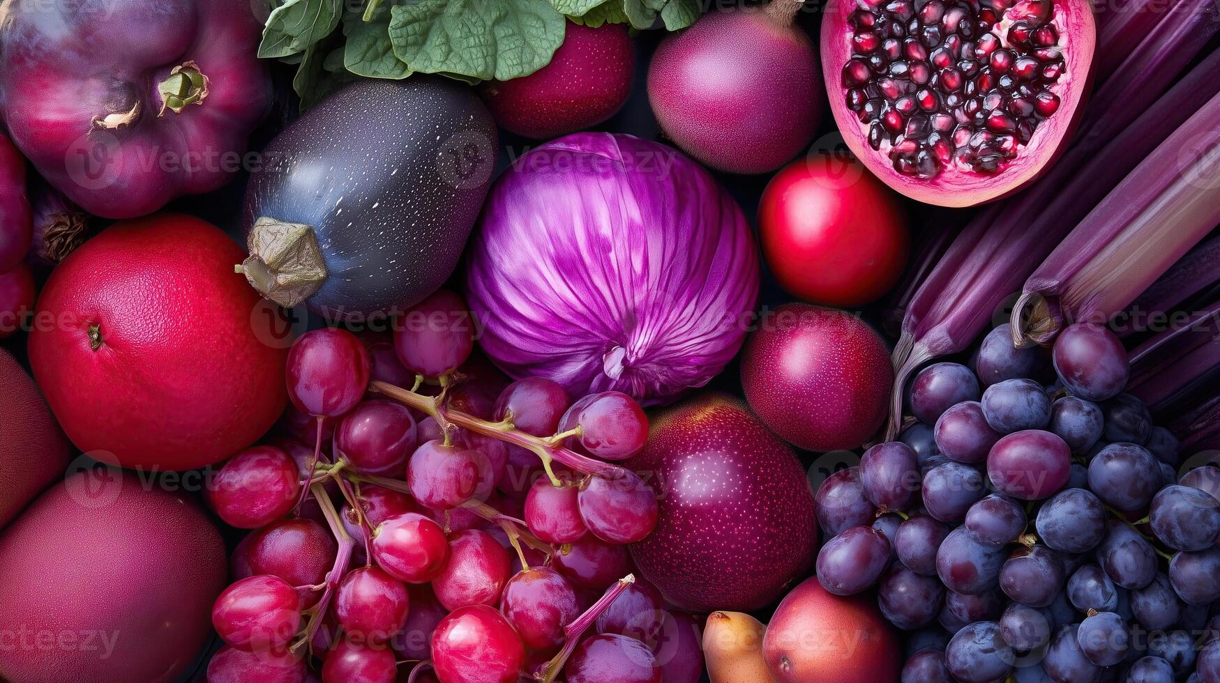 Assortment of different ingredient purple fruit and vegetable photo