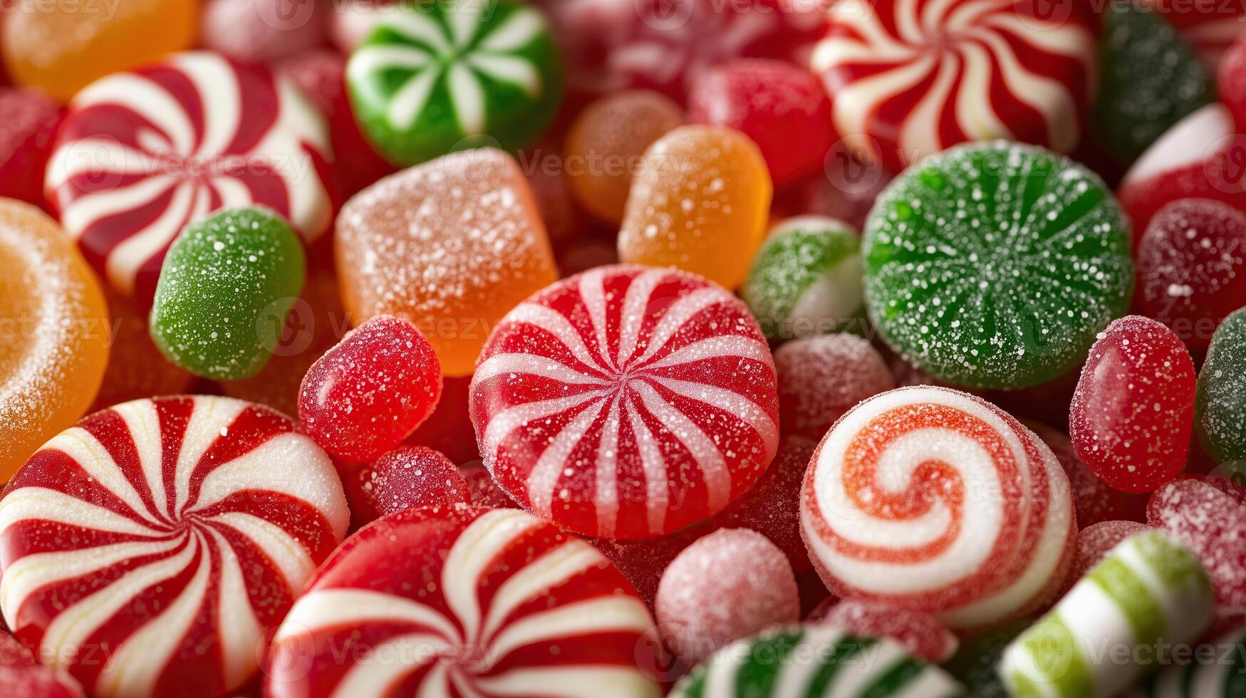 Pile of variety of delicious candies, green candies photo