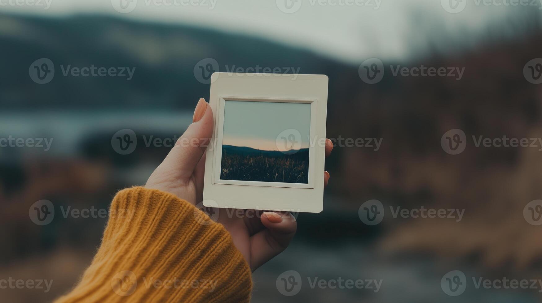 Close-up of a person's hand holding blank polaroid photo
