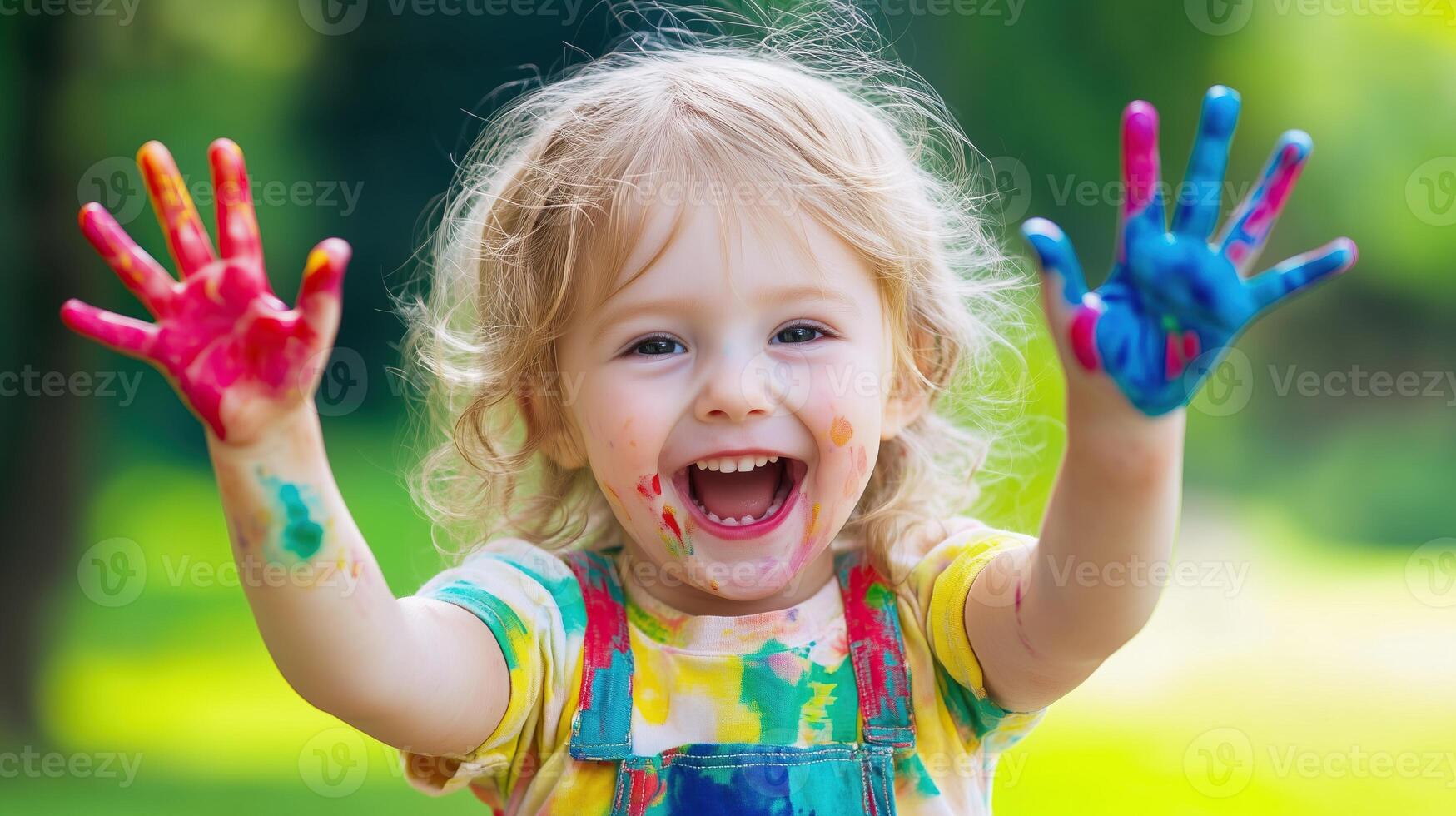 Happy child enjoying colorful finger photo
