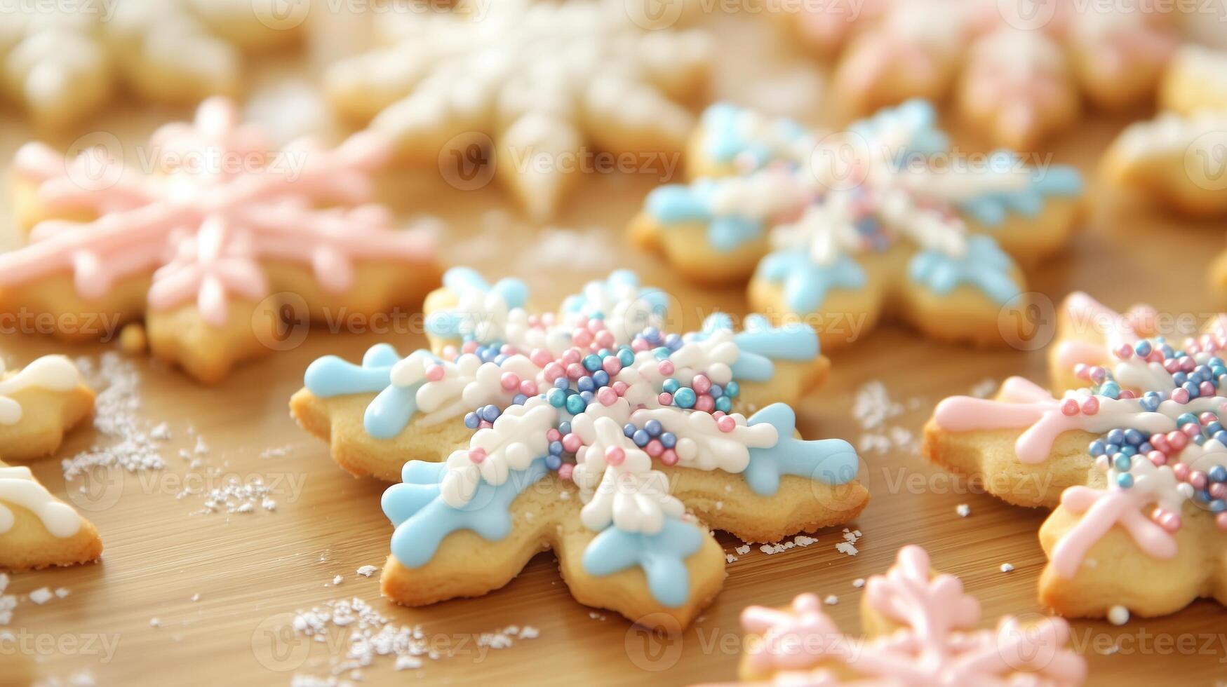 Decorating festive snowflake cookies with colorful sprinkles photo