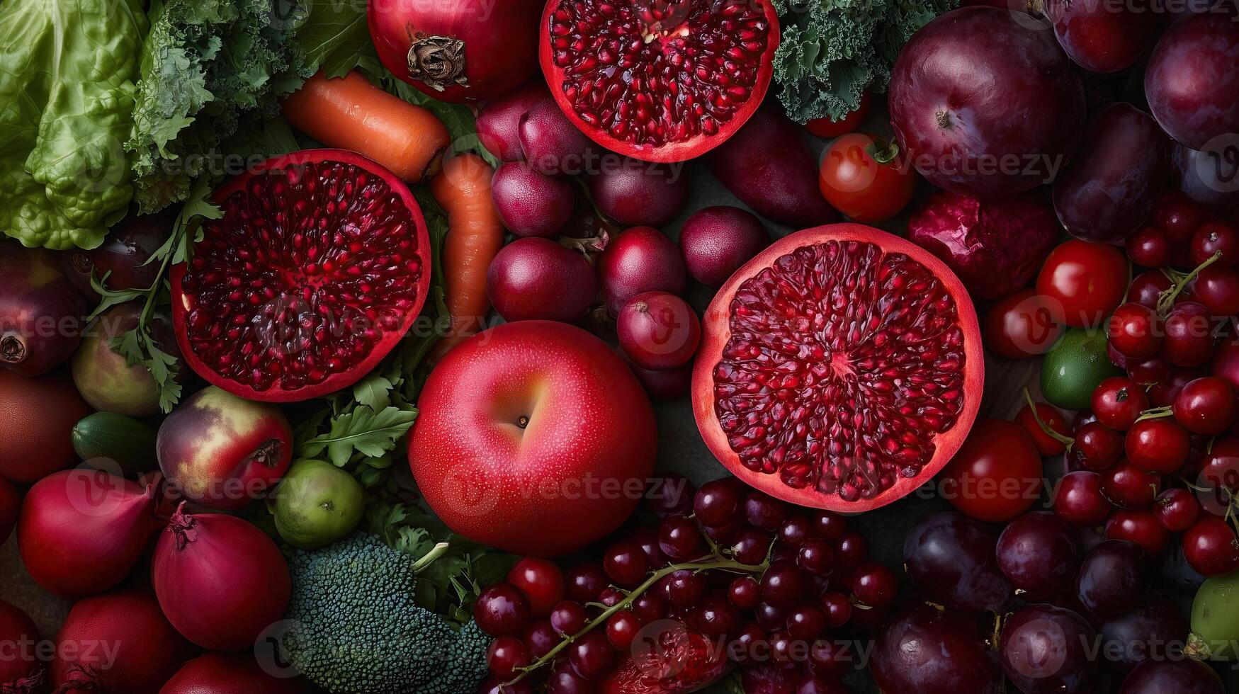 Assortment of different red fruit and vegetable photo
