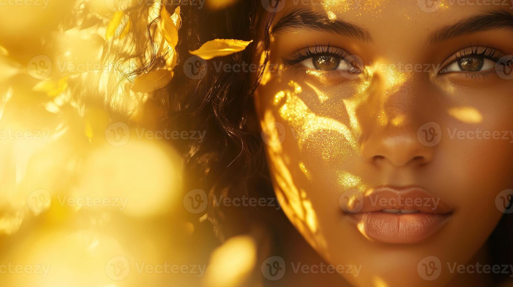 Closeup portrait of woman in all gold with autumn photo