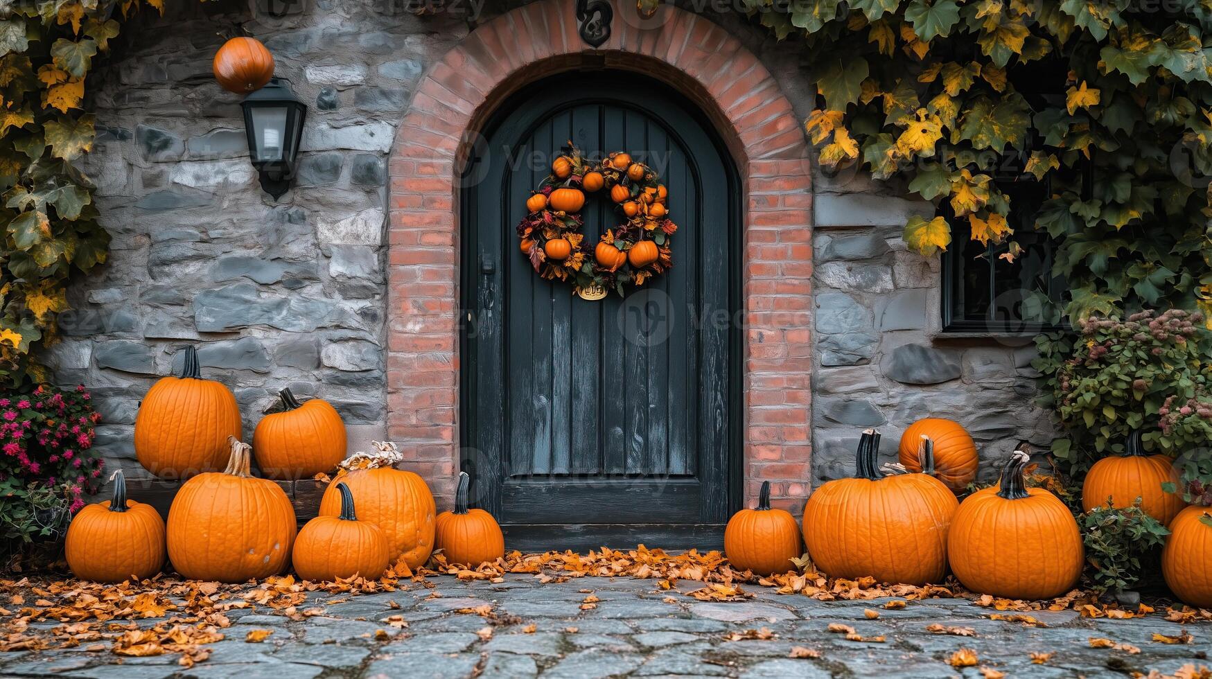 Entrance of a house decorated with pumpkins photo