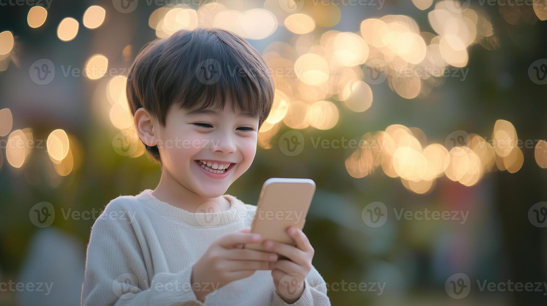 Cheerful kid boy enjoying his smartphone photo