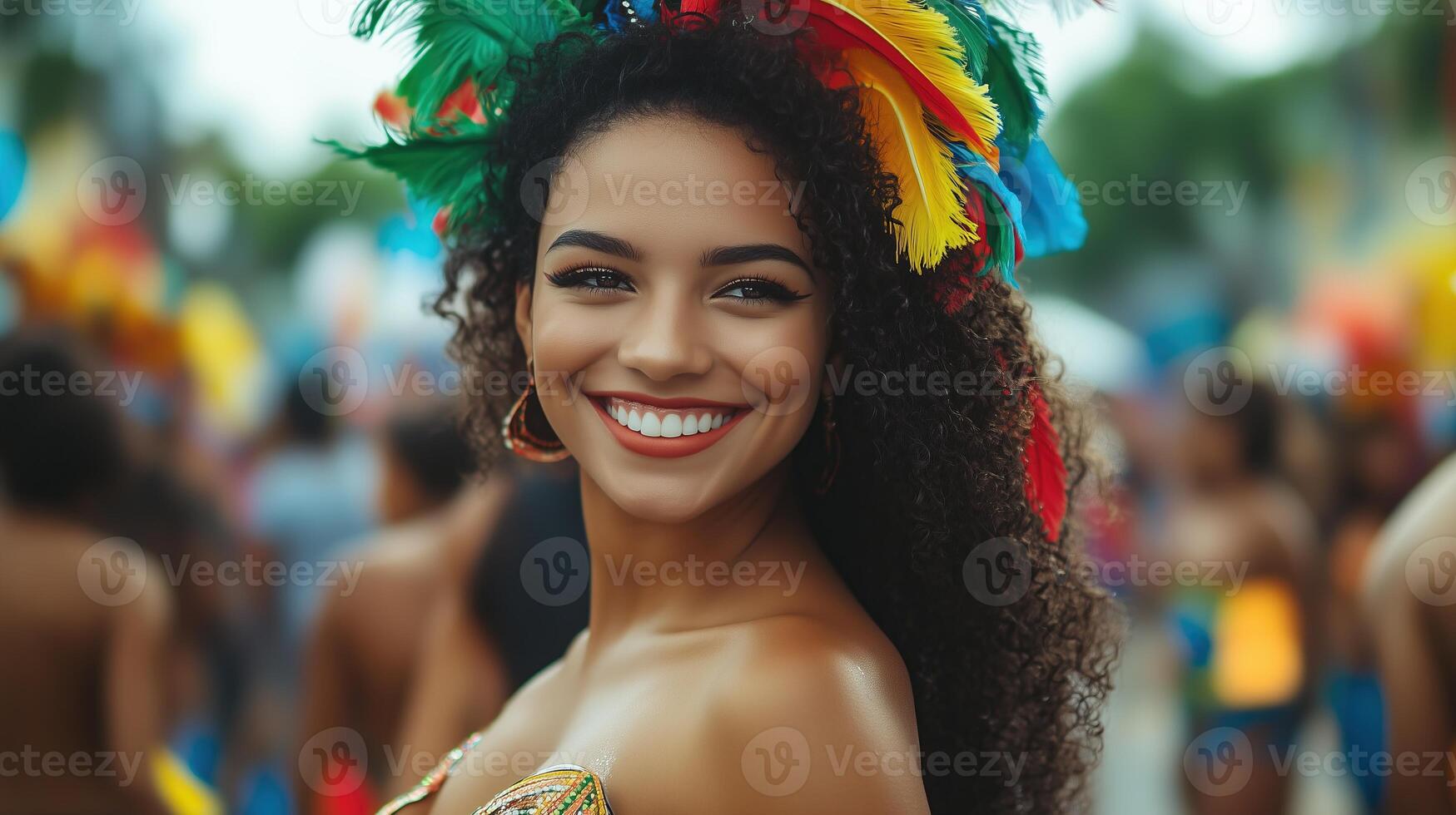 A happy carnival dancer smiling as they walked through a city photo