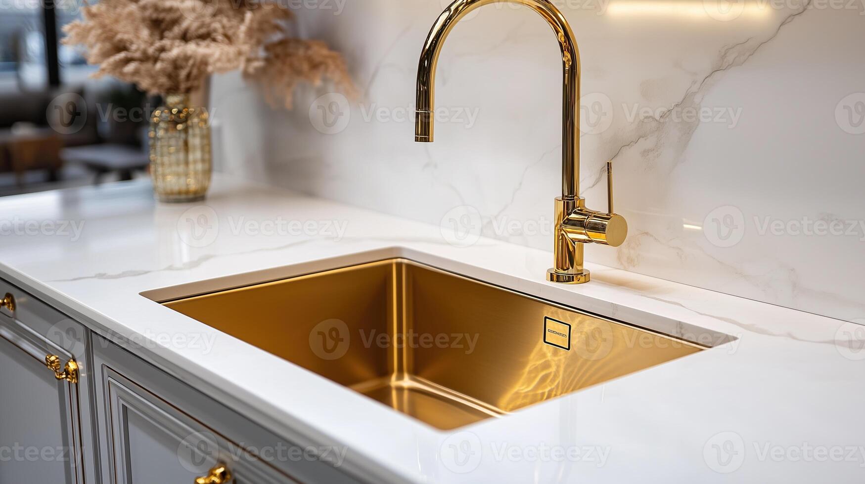 luxury kitchen sink with gold faucet photo