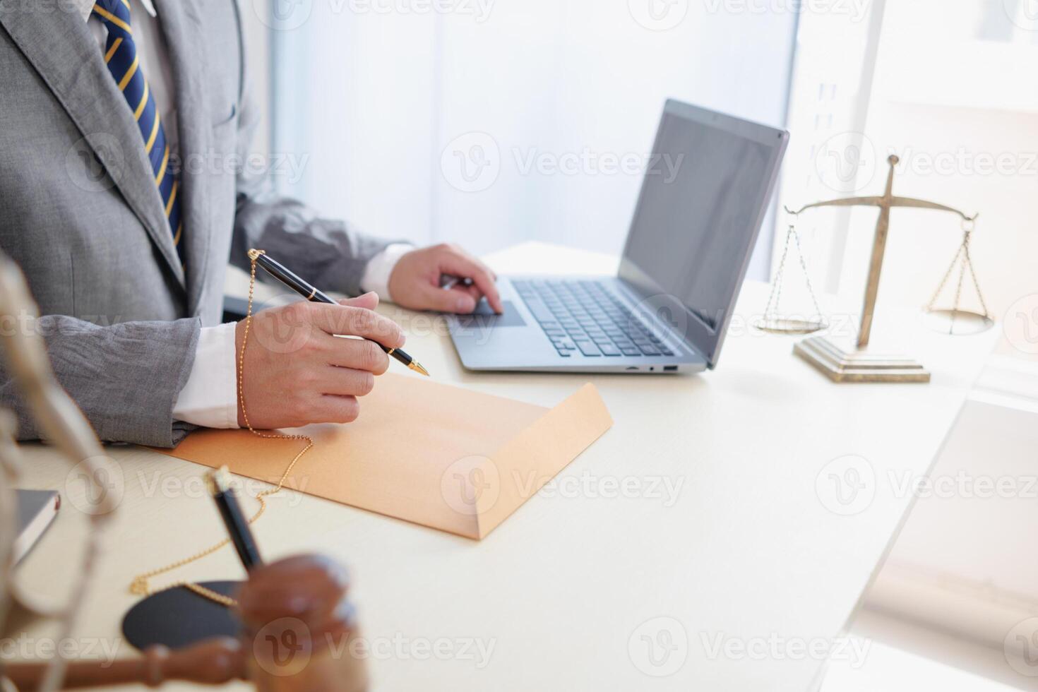 Lawyers sit inside the law office waiting to give advice to clients who need help with legal matters to prevent mistakes in business investment. Concept of receiving legal advice with team of lawyers. photo