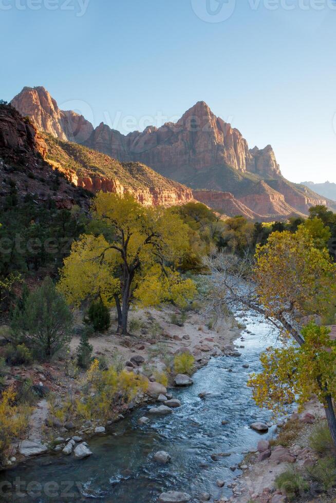 Virgin River Valley and sunlit mountains in Zion National Park photo