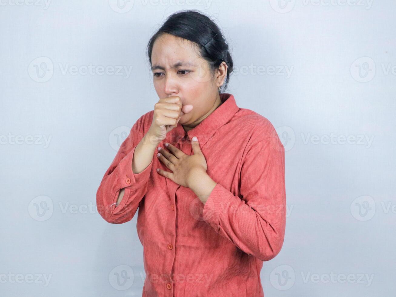 Female unhealthy, Sickness business women coughing, have cold, sore throat, stroked chest photo