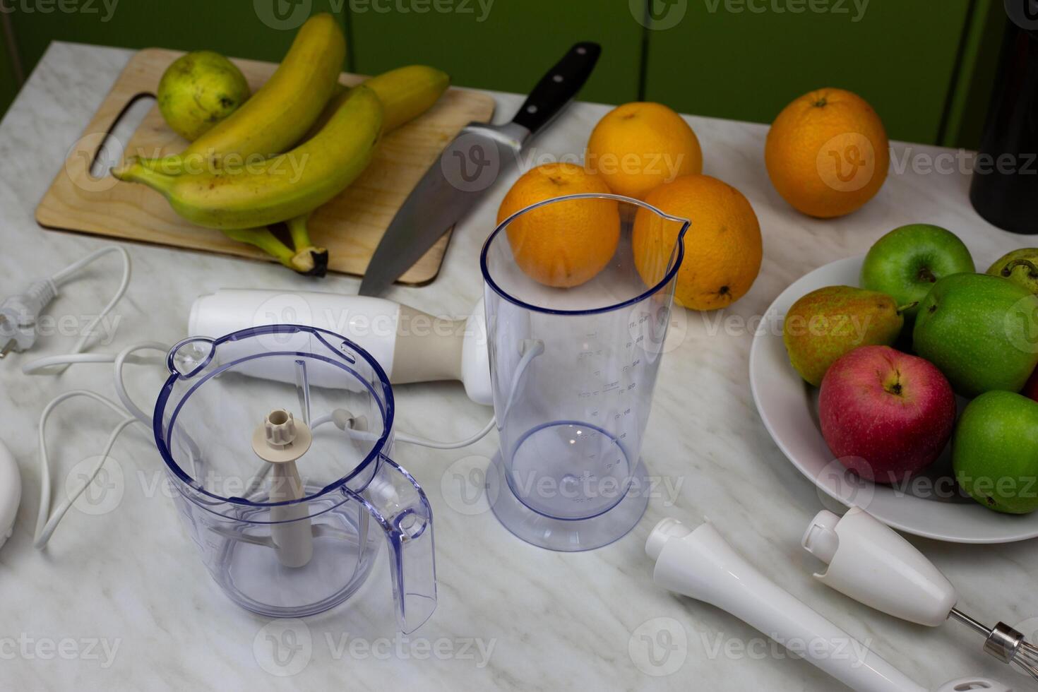 Photo of fruits and blender parts for making sport cocktail. Healthy food from simple ingredients. Smoothies and fruit juice for getting vitamins at home