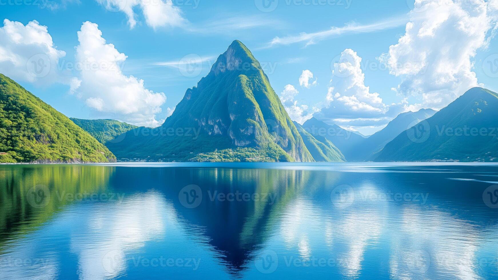 Tropical coastline with green mountains and blue ocean photo