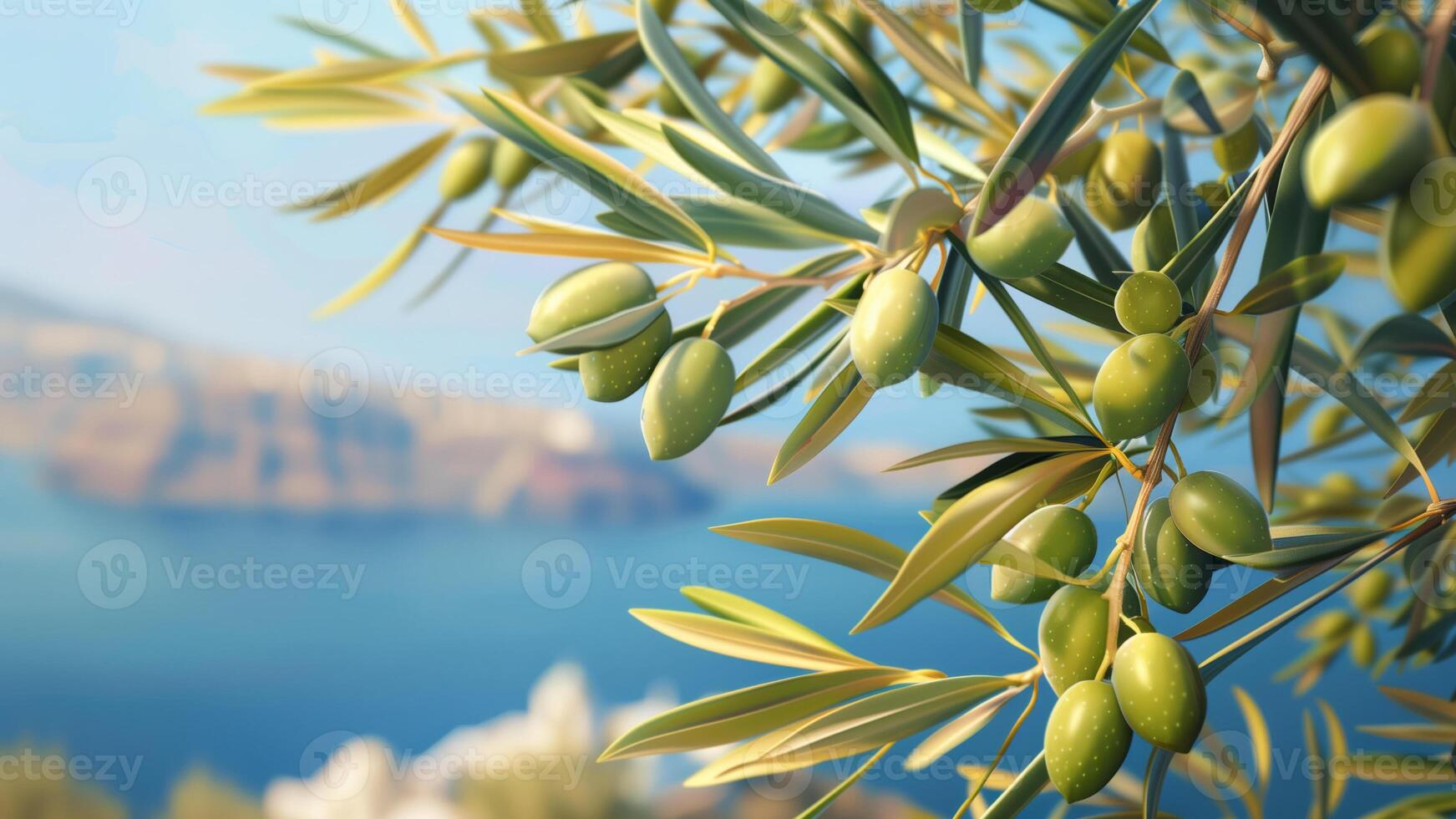 Green olives on the branch of an olive tree with sea and Greek island on the background photo